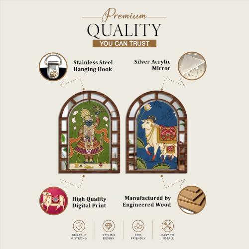 Image of Artvibes Artistic Shrinathji Cow Home Wall Decor | Jharokha Mirror Wall Hanging for Living Room, Bedroom, Hall, Temple Room, Office & Dining Area | Gift (WHJ 12050N), Set of 2
