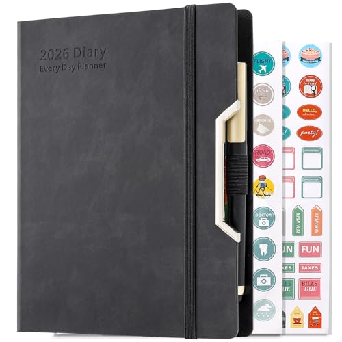 Akademischer Terminplaner 2026, A5, Seite pro Tag, Tages- und Monatsplaner, Jahresplaner 2026, Tag pro Seite, Jan-Dez, Hardcover-Organizer mit Stift, bunte monatliche Register, Innentasche, 3
