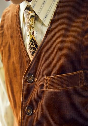 Mens Corduroy Vest 5 Button Slim Fit Business Formal Waistcoat with Pockets4