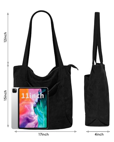 Image of Iioscre Corduroy Tote Bag for Women,Hobo HandBags with Zipper,Large Capacity Casual Shoulder Handbags with Inner Pockets
