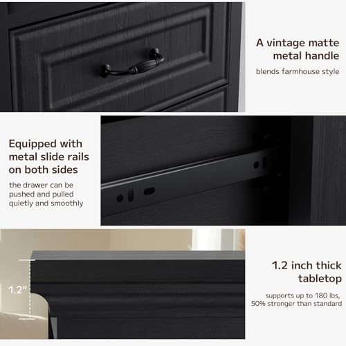 Image of Eongdon Nightstand with Charging Station, 18 inchW x 24 inchH Farmhouse Rustic Bedside End Table , 2 Storage Storage Drawers & Open Compartment, Wooden Side Cabinet for Bedroom, Entryway, Living Room (Black)