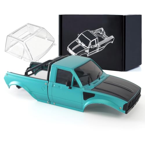 1/24 Pickup Truck Hard Body with Rear Cage Frame Wheelbase 133mm,Two car Windows, for 1/24 RC Crawler Axial SCX24 Bronco/Wrangler/C19/Base Camp Shell Upgrade (Dark Green Black)