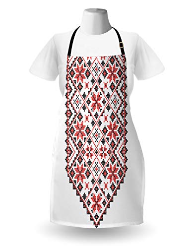 Lunarable Ethnic Apron, Ukrainian Style Floral Ornamental Nostalgic Vintage Pattern Artisan Design, Unisex Kitchen Bib With Adjustable Neck For Cooking Gardening, Adult Size, Coral Brown #TOP1