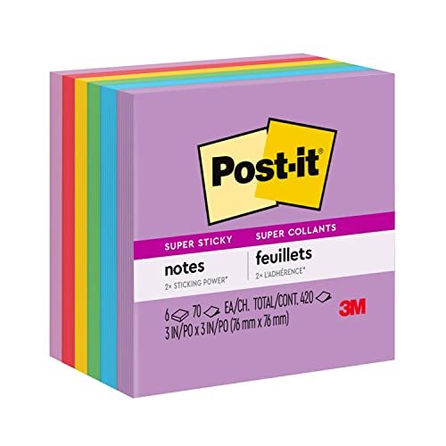 Post-It Super Sticky Notes, 4X6 In, 6 Pads, 2X The Sticking Power, Playful Primaries, Primary Colors (Red, Yellow, Green, Blue, Purple), Recyclable(660-3Ssan) #TOP25