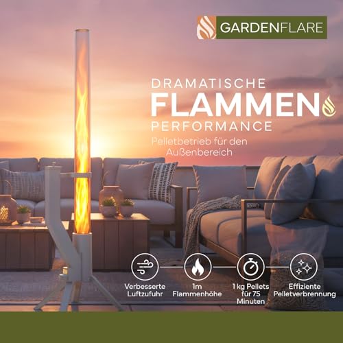 GARDENFLARE Feuerrohr Klassik – Edelstahl Feuersäule und Pelletfackel für Tolles Ambiente Feuer – Moderne Feuerschale & Gartenkamin Alternative für Deine Terrasse (Silber)
