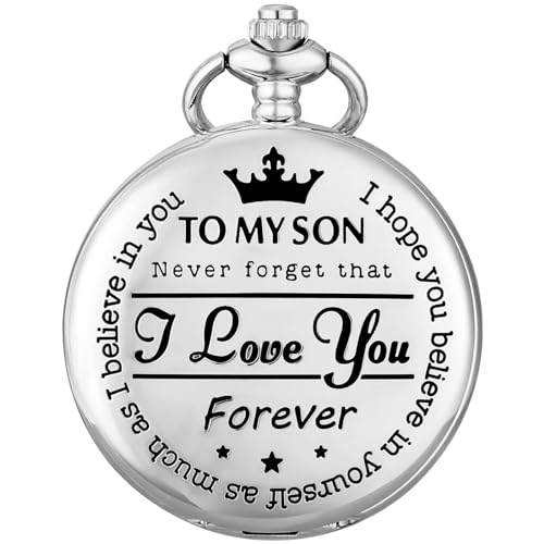Gravierte Taschenuhr to My Son I Love You, Quarz-Taschenuhr mit Kette, Geburtstagsabschluss, Sohn von Papa Mama, Anhänger Halskette Fob Uhren, Geschenkbox und Karte, Silber