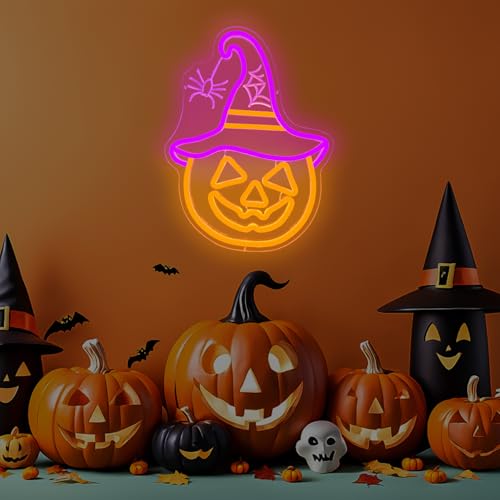 Image of Halloween Neon Sign Pumpkin Neon Sign for Wall Decor Witch Hat Halloween Pumpkin Neon Light Halloween Decorations Spider Led Neon Light Up Sign for Halloween Party Window Porch