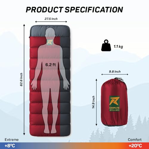 Image of Rocksport Camp Lite Sleeping Bag for Adults (8C to 20C) | Lightweight, Compact & Waterproof Sleeping Bag for Men & Women | Butter NS Fabric, Indoor & Outdoor Camping Accessories (Maroon /Grey STR)