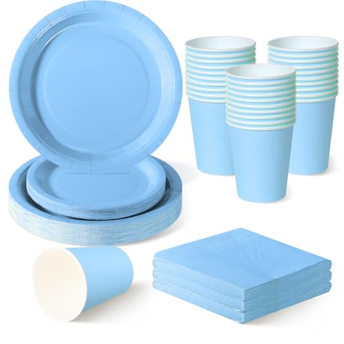 ZblPyro Azul Claro vajilla cumpleaños para 30 invitados con platos carton redondos 23cm y 18cm, vasos de papel y servilletas. Ideal para baby shower niño y fiestas piscina.