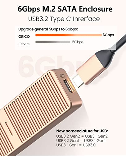 Image of ORICO Upgraded Aluminum USB C to M.2 SATA SSD Enclosure 6Gbps USB3.2 /3.1 Gen1 USB-C External SSD Adapter,Support UASP Trim only for M2 SATA 2230 /2242 /2260 /2280 SSD with B Key /B+M Key- M221-Golden