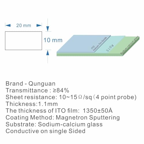 ITO Coated Conductive Glass 10mm×20mm Transparent Indium Tin Oxide Coating Conductive Glass for Lab R&D Use Sheet Resistance: ≤15ohm/sq (120 Pieces)