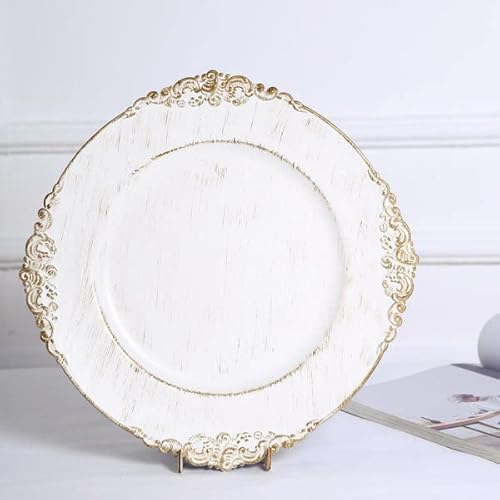 Efavormart 6 Pack White 13" Round Baroque Charger Plates Leaf Embossed Antique Gold Rim For Tabletop Decor Catering Event #TOP5