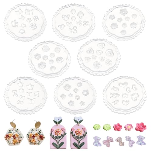 HOBBIESAY 8 Styles Flower Polymer Clay Molds Floral Crown Heart Cherry Clay Craft Molds Silicone Mold Earrings Decoration for Earrings Jewelry Making Nail Art Handmade DIY Craft