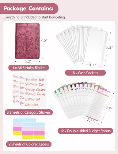 Image of A6 Budget Binder for Money Saving, Budget Planner, Money Organizer for Cash | with 8 Cash Envelopes, Budget Sheets & Rose Gold Category Stickers, PU Leather, Wine Red Embossed Floral