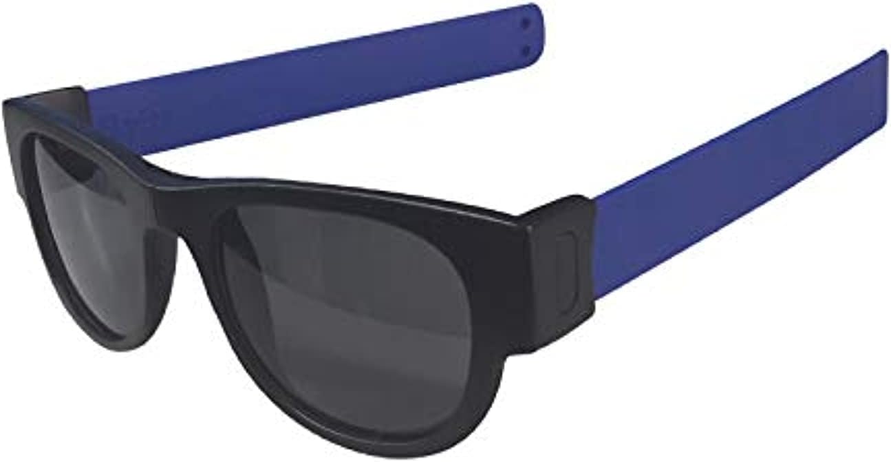 Folding Sunglasses - UV400 Protection, Trendy Design for Men & Women, Ultralight & Easy to Carry, Wrist Slapping Never Fall Off - Black Frame, Blue Slap, Plain Lens