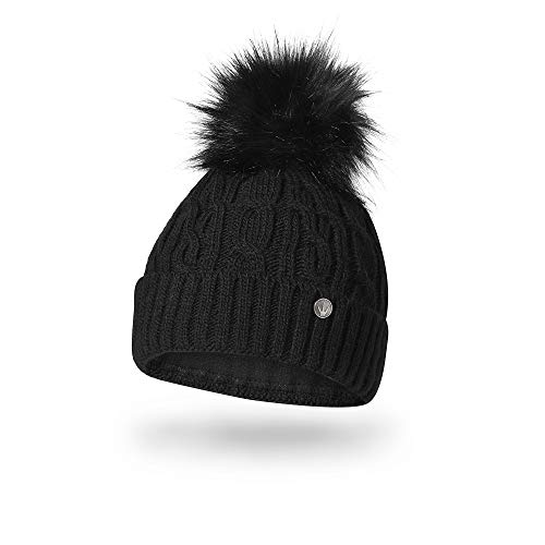 HEYO Damen Wintermütze mit Fleece Innenband H18527 | Slouch Beanie Winter Mütze | Warme Strickmütze mit Bommel | Bommelmütze (Schwarz)