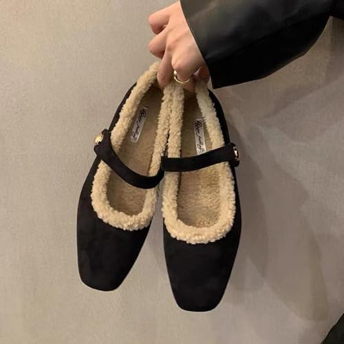 Mary Jane Flats for Women Faux Fur Ballet Flats Winter Fuzzy Warm Comfy Flats Slip On Flats Shoes Warm Plush Lined4