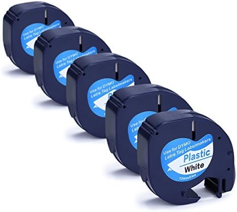 12mm Label Tape Replace DYMO LetraTag Refills 91331 (91201 91221 59422 S0721610) Label Tape, Black on White, for DYMO Label Maker LetraTag Plus LT100H LT100T QX50, 1/2 Inch x 13 Feet, 5 Pack