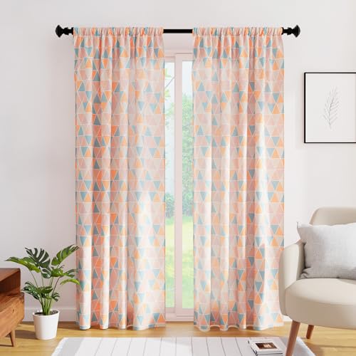 Image of Encasa XO Long Door Printed Sheer Curtains, Light Filtering Apricot | 4.5ft to 10 ft | Lightweight Polyester Twill | Rod Pocket Styling | Machine Washable | Set of 2