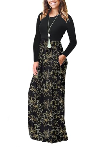 Image of AUSELILY Womens Long Sleeve Maxi Dress Casual Empire Waist with Pockets | Versatile year round long dress for spring, fall, winter, available in floral prints and solids