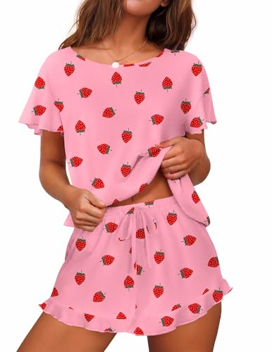 Image of Ekouaer Women's Pajama Set Ruffle Sleeves Top and Short | 2 Piece Ruffle Hem Sleeves Top and Shorts Pjs Set, Soft Short Sleepwear Set, Elastic Waistband Design