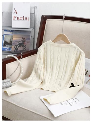 SweatyRocks Girl's Cable Knit Sweater Cute Bow Crewneck Long Sleeve Pullover Sweater2