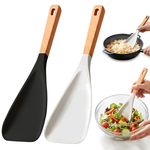 2 Pcs Silicone Spatula Cooking Spoon with Wood Handle