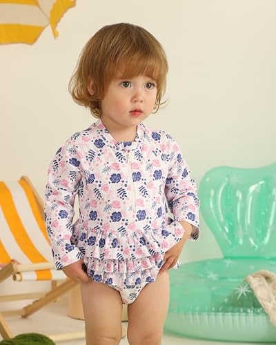 Image of Toddler Girl Swimsuit Baby Girl Bathing Suit Long Sleeve Floral Zipper One-Piece Rash Guard Swimsuit with Hat