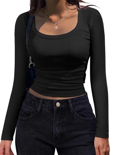 Hotouch Camiseta De Canalé Manga Larga para Mujer Y2K Top Algodón Camiseta Básica Ajustada Jersey Cuello Redondo Casual Tops Negro M