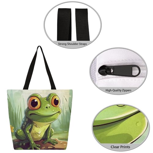 Cute Watercolor Frog Pond Large Capacity Canvas Tote Bag Stylish Handheld Shoulder Bag Reusable Shopping Bag for Work Travel Beach Trips Shopping3