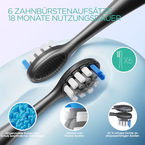 VOYOR-HEALTH Elektrische Zahnbürste, Schallzahnbürste für Erwachsene mit 6 Bürstenköpfen, Wiederaufladbare Ultraschall Zahnbürsten mit Intelligentem Timer IPX7 Wasserdicht ET110 (Schwarz) – Bild 6