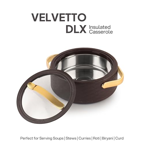 Image of CELLO Velvetto Deluxe 1500 Insulated Casserole Hot Box for Kitchen 1500 ml, Brown | Airtight See Through Lid Hot Pot Case Keeps Food Hot & Warm for Long Hours, Casserole Set for Roti, Rice & Biryani