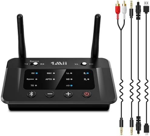 1Mii B03 Bluetooth 5.3 Transmitter Sender Empfänger für TV, aptX HD Low Latency Drahtloser Audioadapter für 2 Kopfhörer Stereoanlage, Große Reichweite, Digital Optical, AUX, RCA