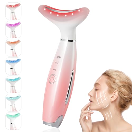 Gesichtsmassagegerät Rotlicht-Therapiestab Hals Gesichtsstraffungsgerät 3 Modi Mikrostrom Facelift Gerät Anti Aging LED Photonentherapie EMS Gesichtspflegegerät (Rosa-7 LED)