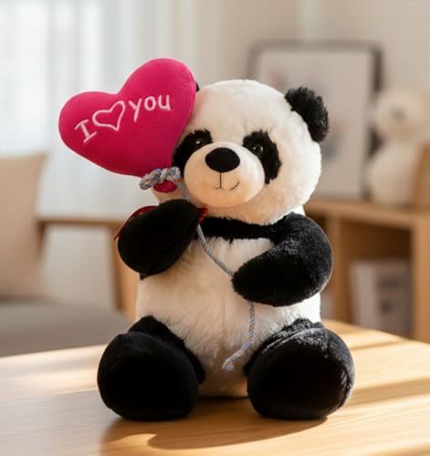 Image of Tickles Cute Panda with I Love You Heart Balloon Soft Stuffed Plush Animal Toy for Couples Boyfriend, Girlfriend, Wife & Husband Valentine (Size: 26 cm Color: Black & White)