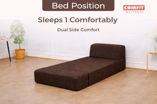 Image of Coirfit Single Seater Folding Sofa Cum Bed - Perfect for Guests - Jute Fabric Washable Cover with Free Cushions - | 3' X 6' Feet, Brown