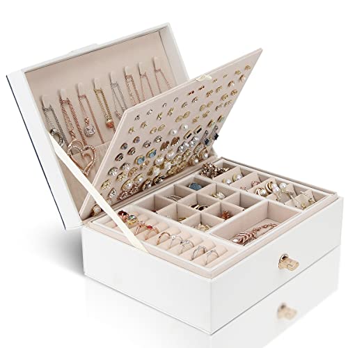 YONZONE Jewellery Box Organiser for Women Girls 3 Layer Large Jewellery Case Storage with Removable Compartment for Necklace Earrings Rings Bracelets PU Leather Travel Jewelry Boxes Gift White