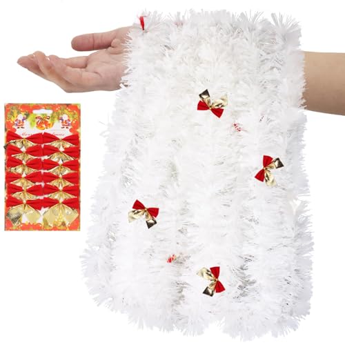 CharmBurst 4 * 2m Guirnalda Blanca de Navidad, Guirnalda Metálica Gruesa, Guirnalda de Árbol de Navidad Blanca con Copos de Nieve, Lazos de Tul y Lazos Festivos