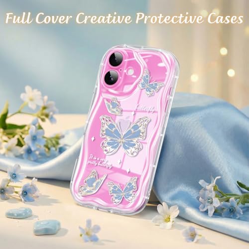 CASBST Compatible for iPhone 16 Case, Pretty Butterfly Print Three-Dimensional Wave Clear Case for Girls Women, Soft Full Package Anti-Fall Cover for iPhone 16, Water Blue Butterfly - image 4