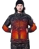 DEWBU Heated Jacket for Men with 12V Battery Pack Winter Outdoor Soft Shell Electric Heating Coat, Men's Black Camo, XL
