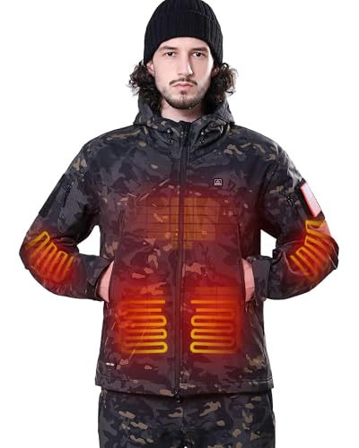 DEWBU Heated Jacket for Men with 12V Battery Pack Winter Outdoor Soft Shell Electric Heating Coat, Men's Black Camo, XL