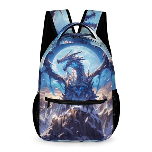 KOYI Mochila infantil dragão azul legal com lua, mochila escolar Crazy Dragon Art para meninos, meninas do ensino fundamental, mochila de viagem para laptop para amantes de dragões, 41,5 cm, Dragão
