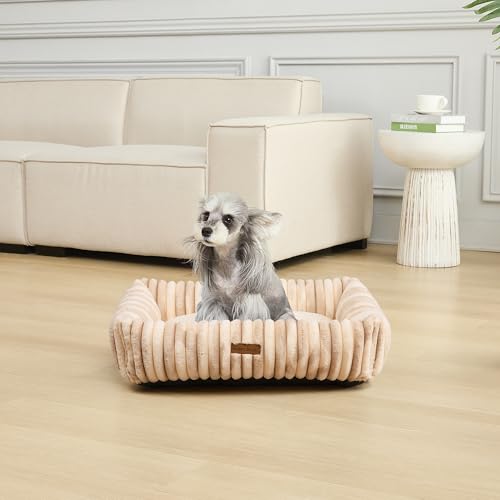 Image of Modern Threads Ribbed Plush Two-Tone Cuddler Dog Bed, Ultra-Soft Faux Rabbit Fur, Supportive Bolstered Sides, Removable Washable Cover, Bed for Medium Dogs, Cream, (28 inch L x 21 inch W x 9 inch Th)