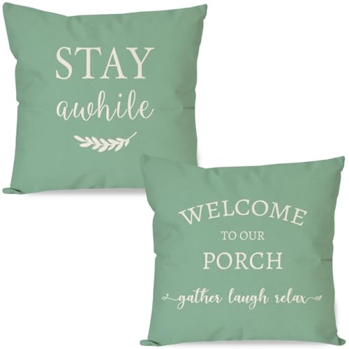 PANDICORN Welcome to Our Porch Stay Awhile Green Farmhouse Decorative Throw Pillow Covers 18x18 Set of 2 Outdoor Spring Summer Porch Decorations Cushion Cases for Couch Front Porch Patio Decor