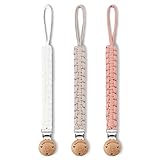 Kapihouse Pacifier Clip for Girl 9.2 Inch Pacifier Leashes woodern Clips Teething Toy with Handmade Braided Cotton Modern Unisex Baby Shower Birthdays Christmas Set (3 Pack Grils)