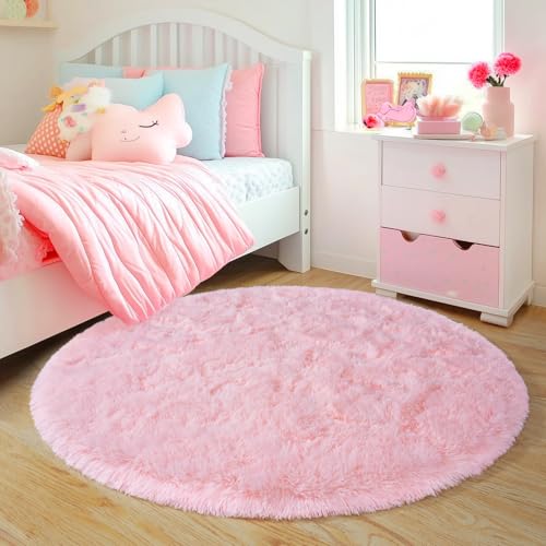 4'x4' Round Pink Rugs for Girls Bedroom, Ultra Soft Fluffy Circle Rug for Kids Room, Cute Shag Rugs for Living Room Playroom Tent Castle Home Decor Rug