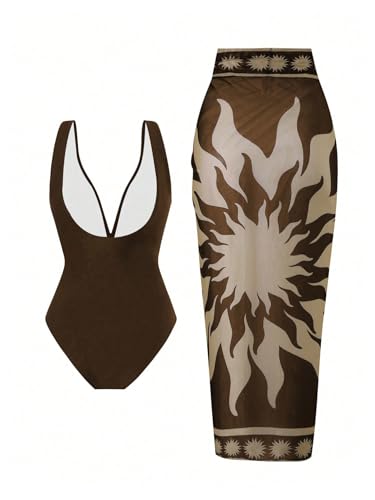 SOLY HUX Women's One Piece Swimsuit Deep V Neck Bathing Suit with Printed Beach Cover Up Skirt2