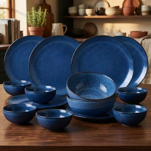 Image of Freakway Ceramic Dinner Set, Blue Reactive Glaze, 14 Pieces, Round, Includes Plates and Bowls