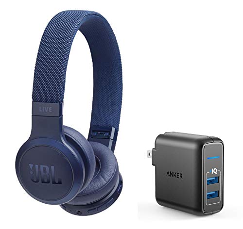JBL Live 400BT On-Ear Wireless Bluetooth Headphones Bundle with Anker PowerPort Elite 2 Port USB Wall Charger - Blue