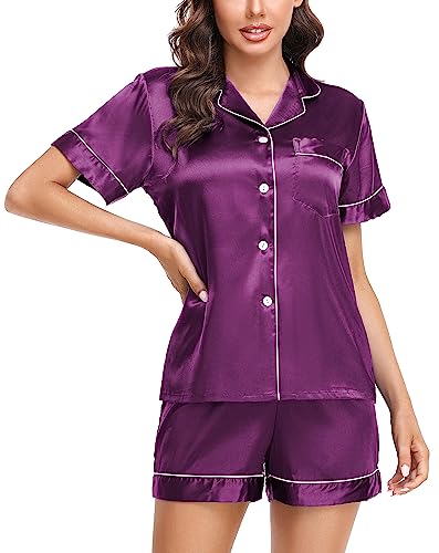 Lovasy Silk Pyjamas for Women Satin Pyjama Set Button Down Ladies Pyjamas Classic Womens Short Pyjamas Soft Pjs for Women Sets,Purple,L